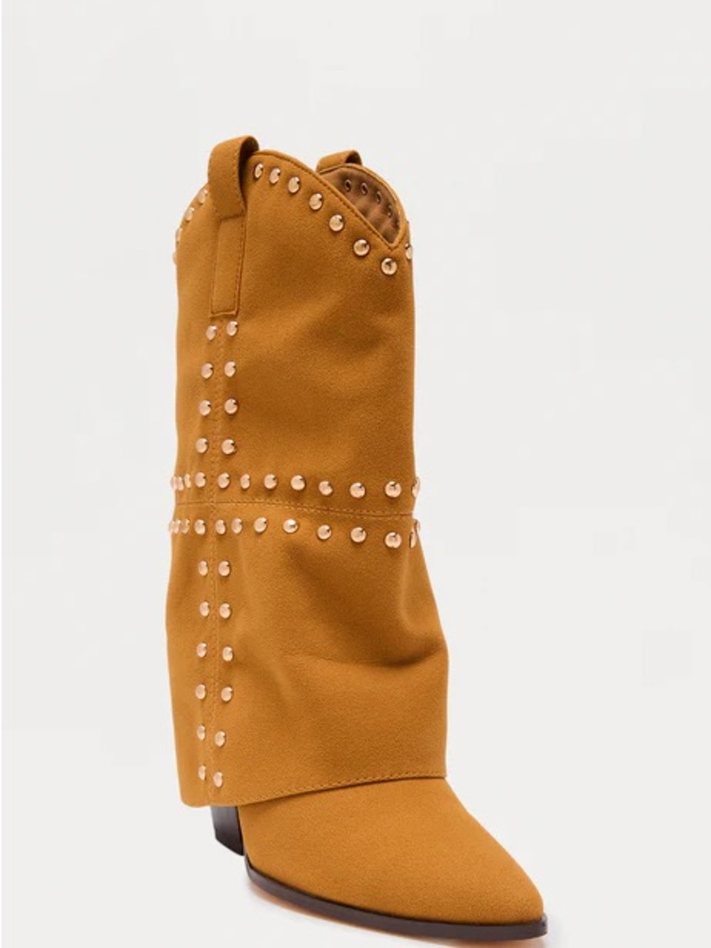 Studded Tan Brown Cowgirl Mid-Calf Overlay Boot - Picture 2 of 6